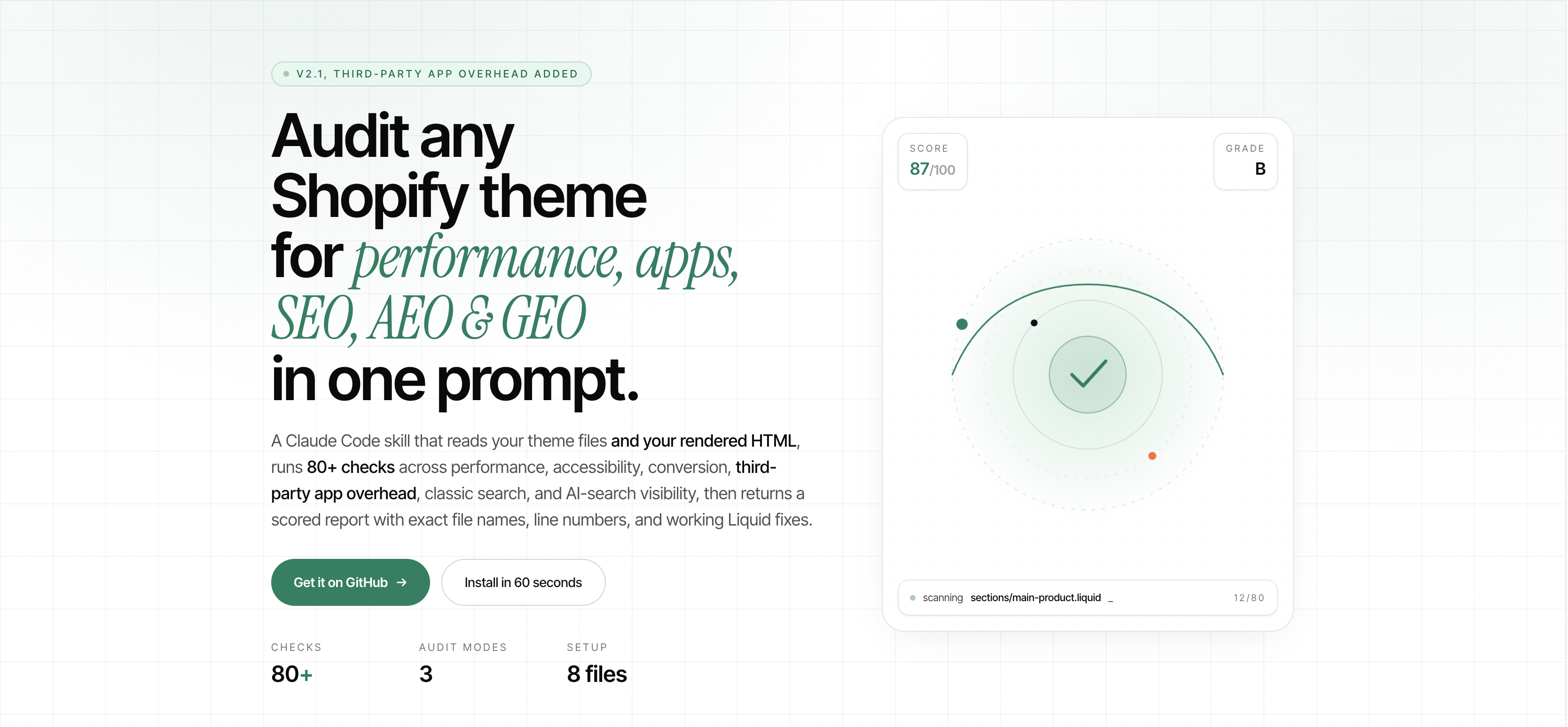 Shopify theme audit report showing dual technical and search scores with file-level findings