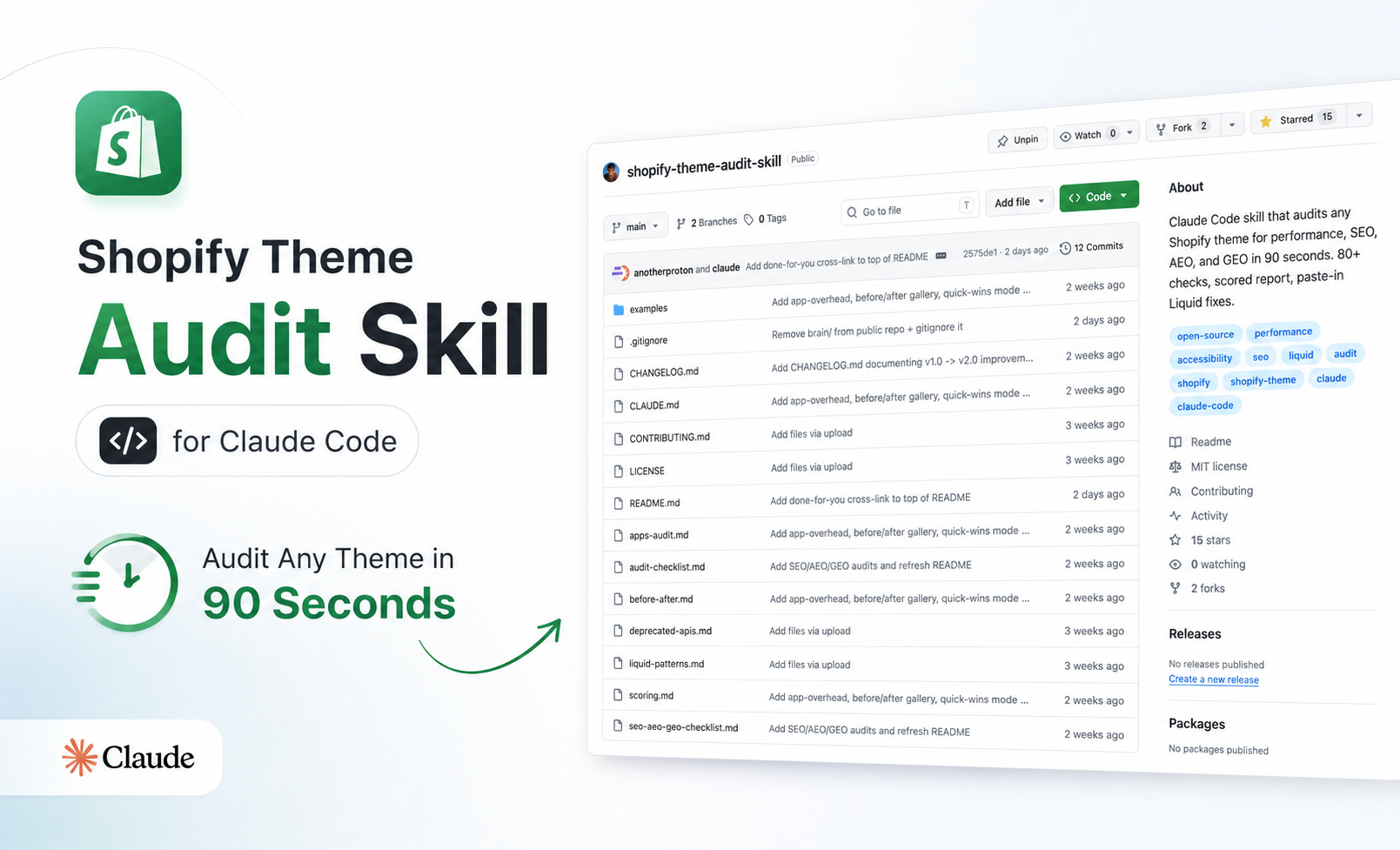 Shopify theme audit skill for Claude Code — scored report covering performance, SEO, AEO, and GEO