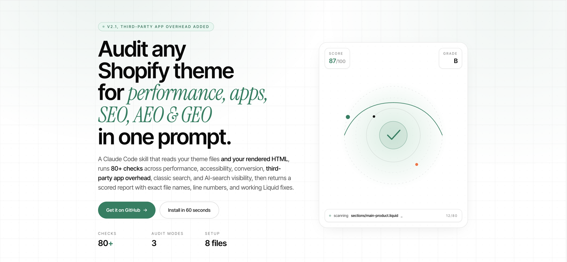 Shopify theme audit report showing dual technical and search scores with file-level findings